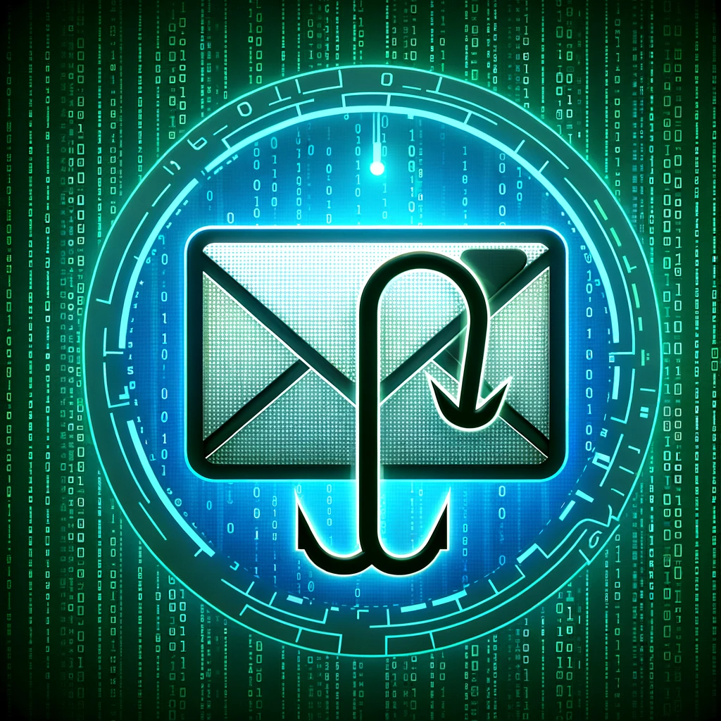 Cyber security icon depicting a stylized envelope with a fish hook on a digital binary code background, representing phishing email awareness.